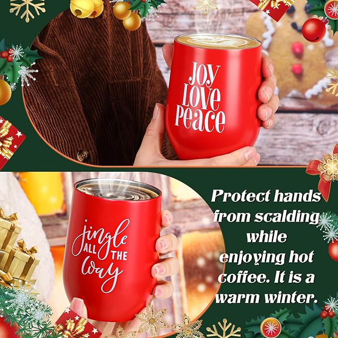 Uiifan 10 Pack Christmas Tumblers Gifts 12 Oz Xmas Funny Tumbler Christmas Stainless Steel Coffee Mugs Set Xmas Insulated Travel Cup with Straw Lid for Family Xmased Holiday Gift (Red)