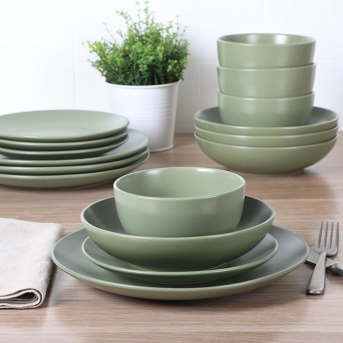 Gibson Home Queenslane 16-Piece Matte Green Stoneware Dinnerware Set – Double Bowl Plates and Bowls, Durable Kitchen Dinner Set