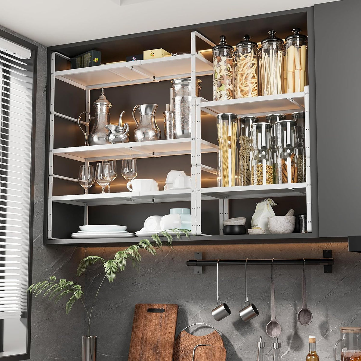 16.5~27.1" Expandable Shelf Organizer, 2Pack 10.2" Wide Stackable Cabinet Shelf Organizers, White Metal Sturdy Kitchen Counter Storage for Countertop, Adjustable Height Spice Rack