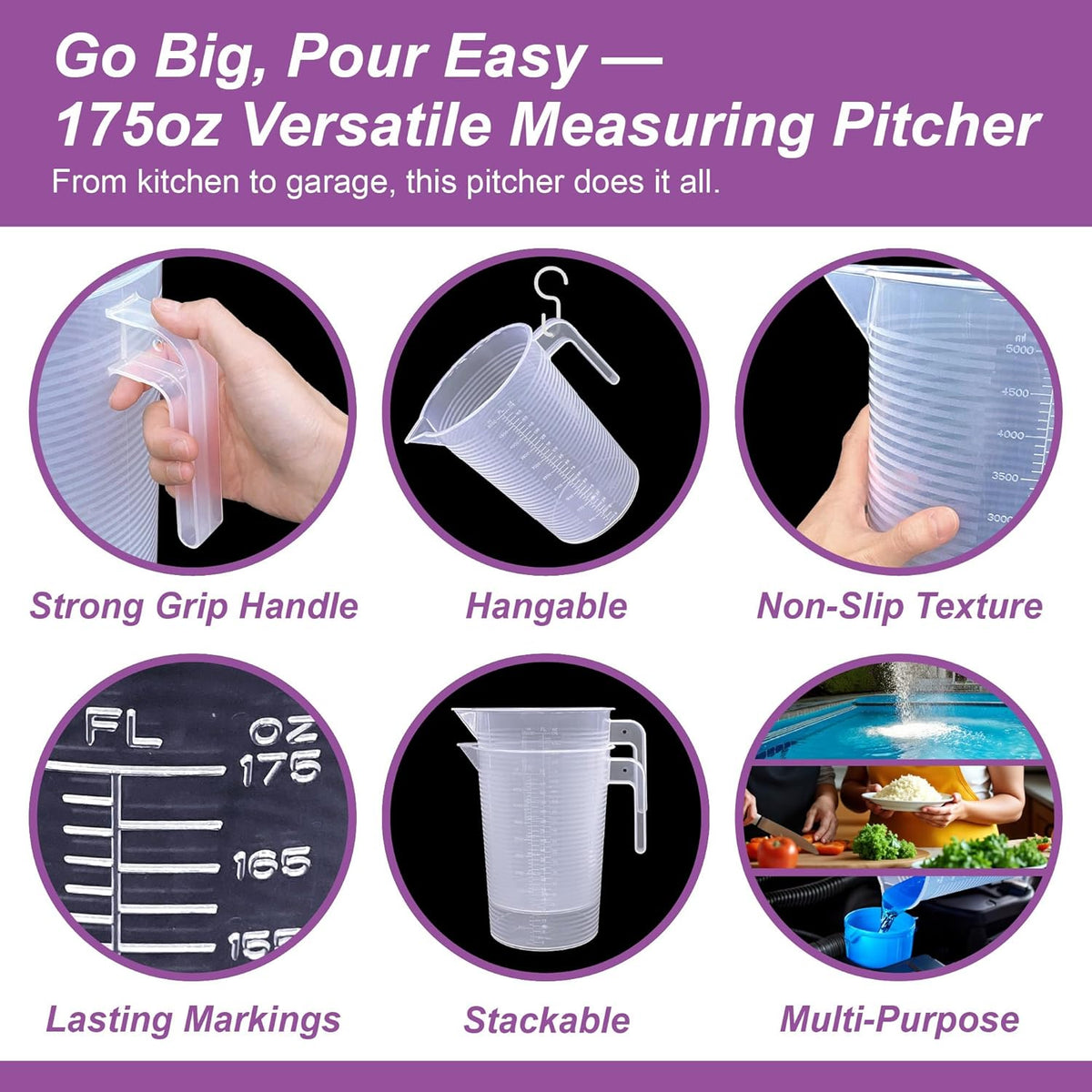 Amazing Abby - Michelle - 128-Ounce (1-Gallon, 4-Quart) Unbreakable Plastic Measuring Pitcher (1-Pack), Measuring Jug with Conversion Chart, Food-Grade, Dishwasher-Safe, Great for Kitchen, Lawn, Pool
