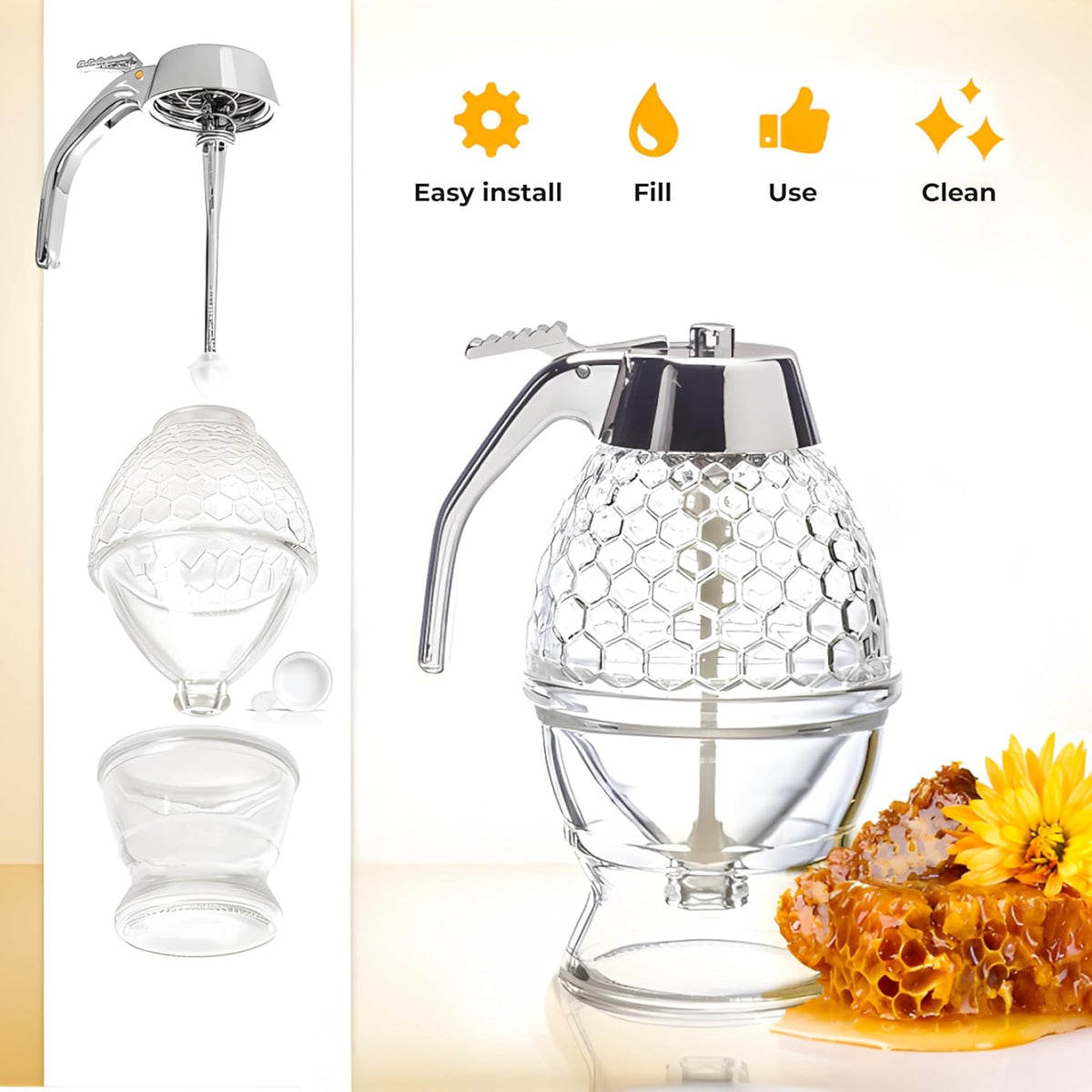 Hunnibi 8 oz Honey Syrup Dispenser No Drip - Coffee Syrup Dispenser with Stainless Steel Lid and Stand - No Mess Glass Honey Jar for Tea, Pancakes, Baking and Other Liquid Condiments - Easy to Refill