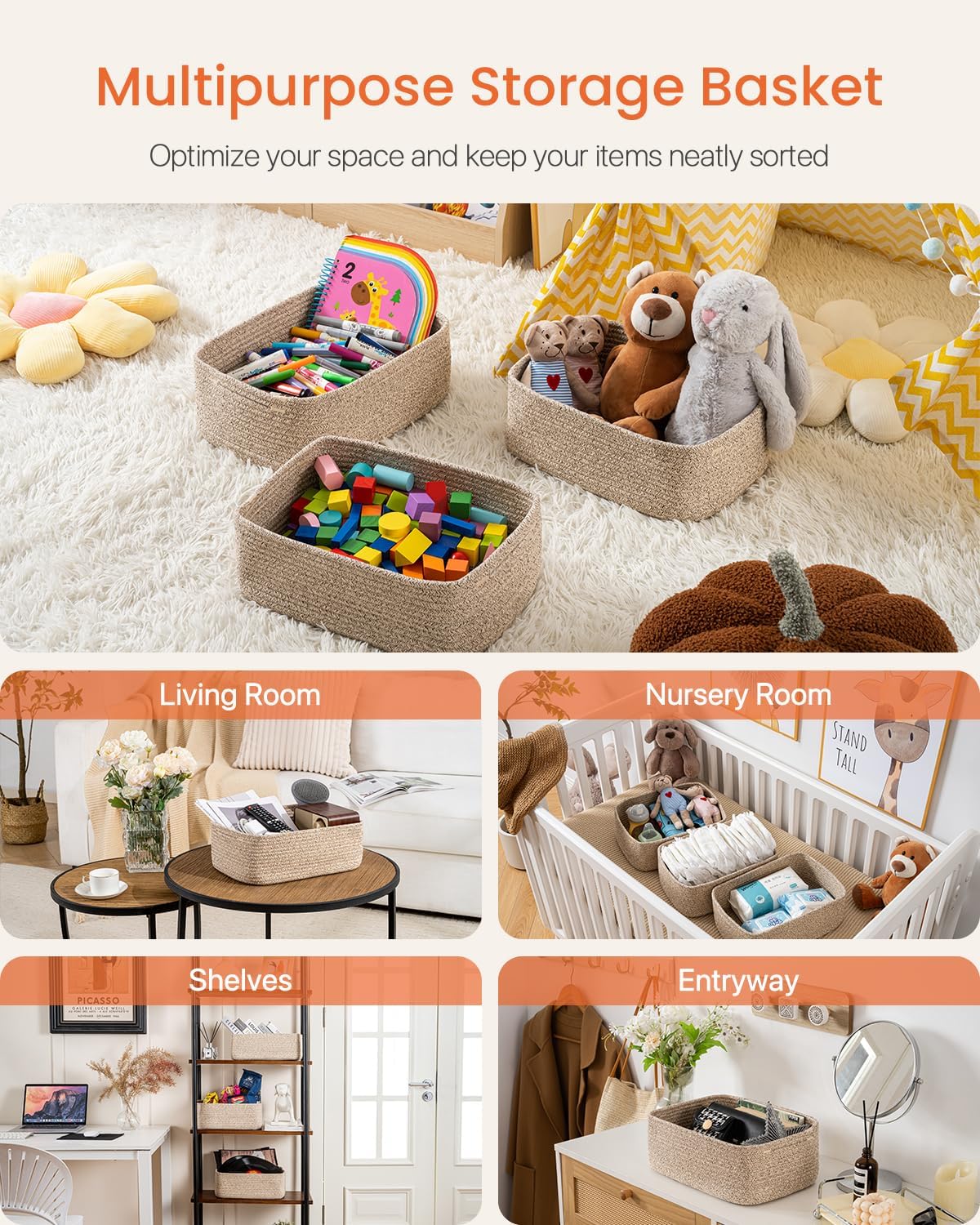 Small Woven Basket, 13.5 x 9.5 x 5 Inches, Storage Basket for Organizing, Cute Small Rope Shelf Closet Cube Storage Bins Baskets for Shelves, Dog Toy Gift Baskets Empty, 3 Packs, Mixed Brown