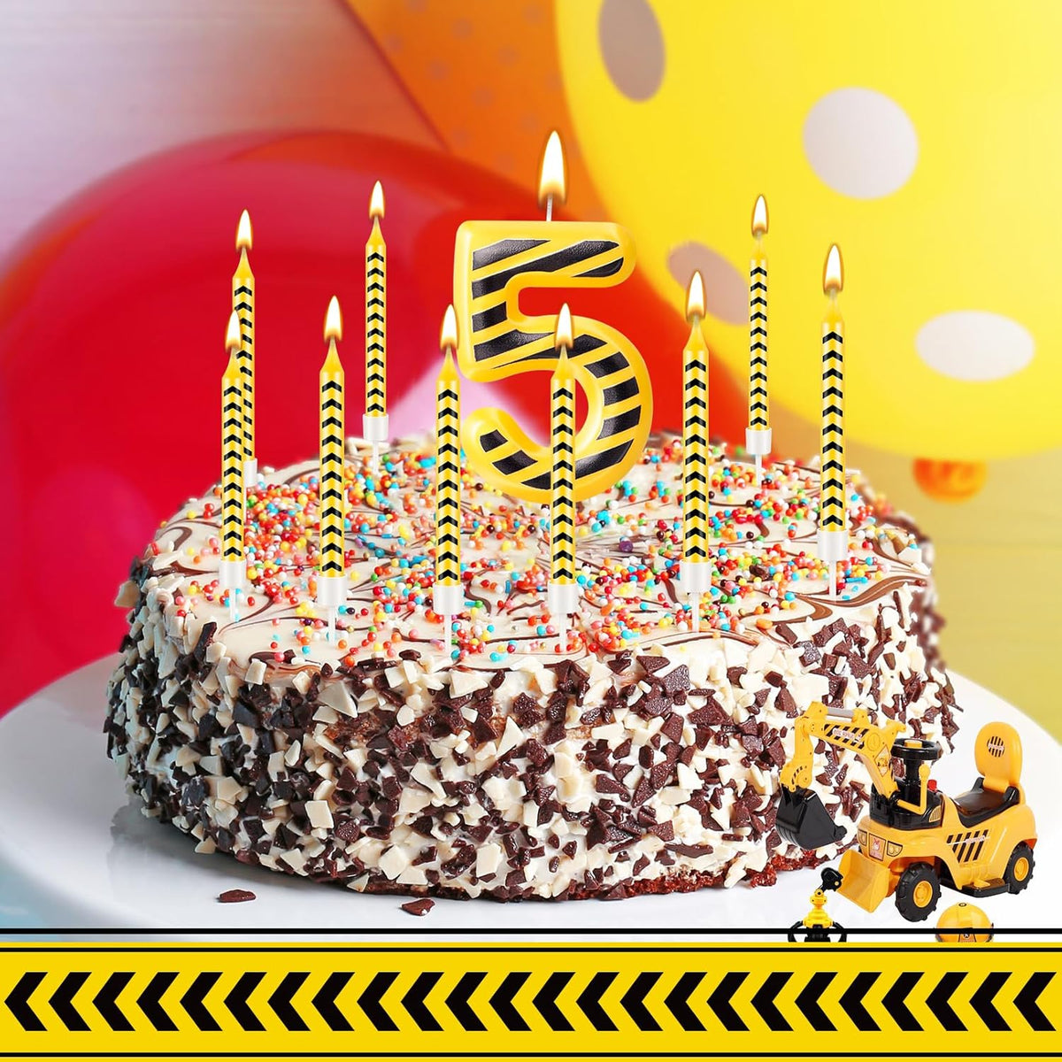 13 Pcs Construction Themed Birthday Candles Set Yellow and Black Number 5 Candle Cake Topper for Construction Party Decoration Supplies (Number 5)