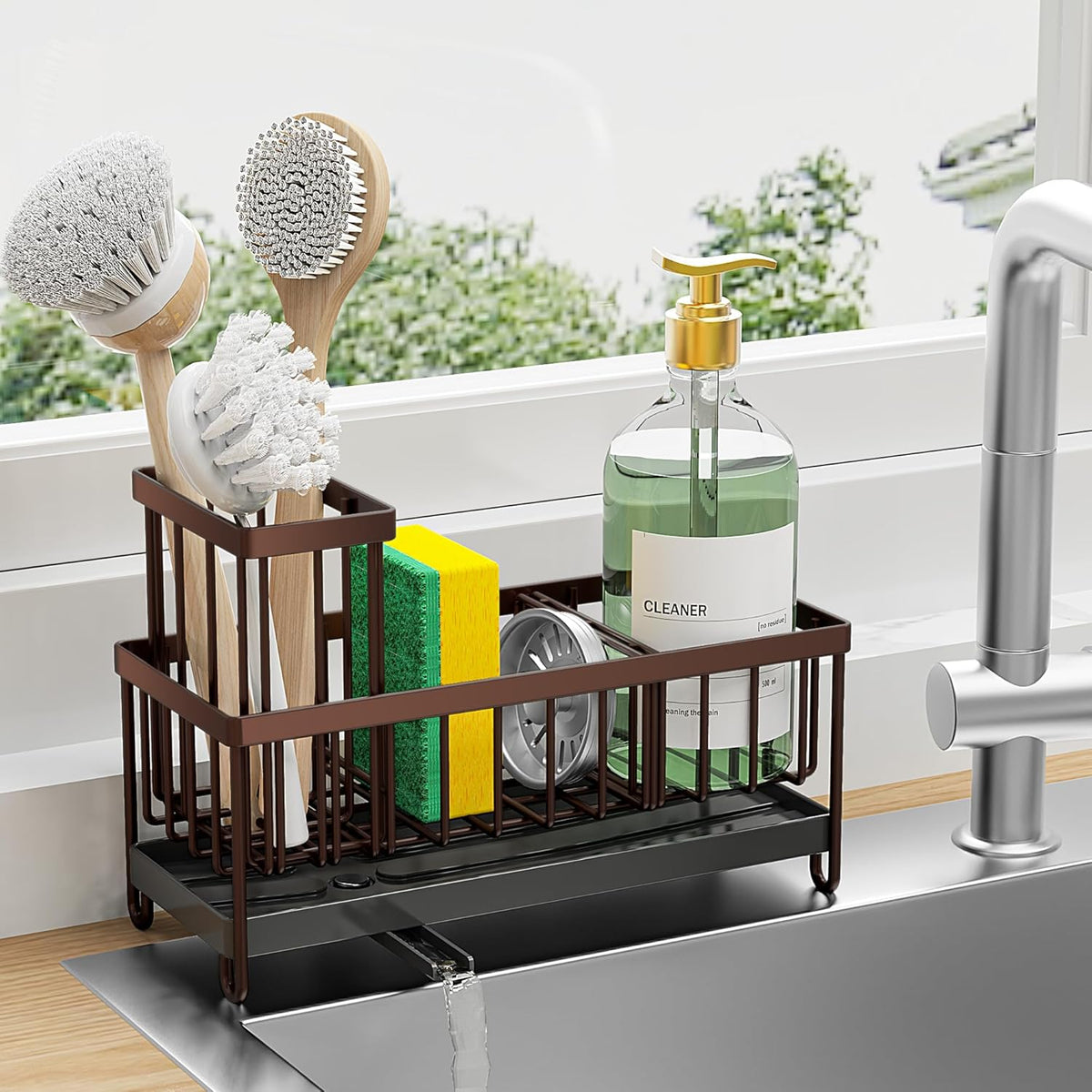 Cisily Brown Sponge Holder for Kitchen Sink, Sink Caddy Organizer with High Brush Holder, Kitchen Countertop Organizers and Storage Essentials, Rustproof 304 Stainless Steel, Soap Dispenser Organize