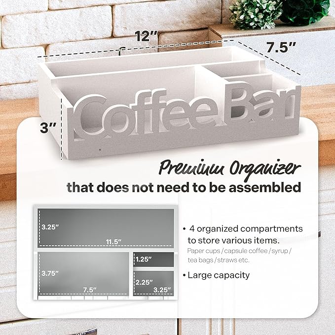 Coffee Bar Organizer for Countertop – Wooden Coffee Station Caddy with Compartments for Pods, Condiments, Tea, and Accessories – Home and Office Mini Coffee Station Organizer (White)