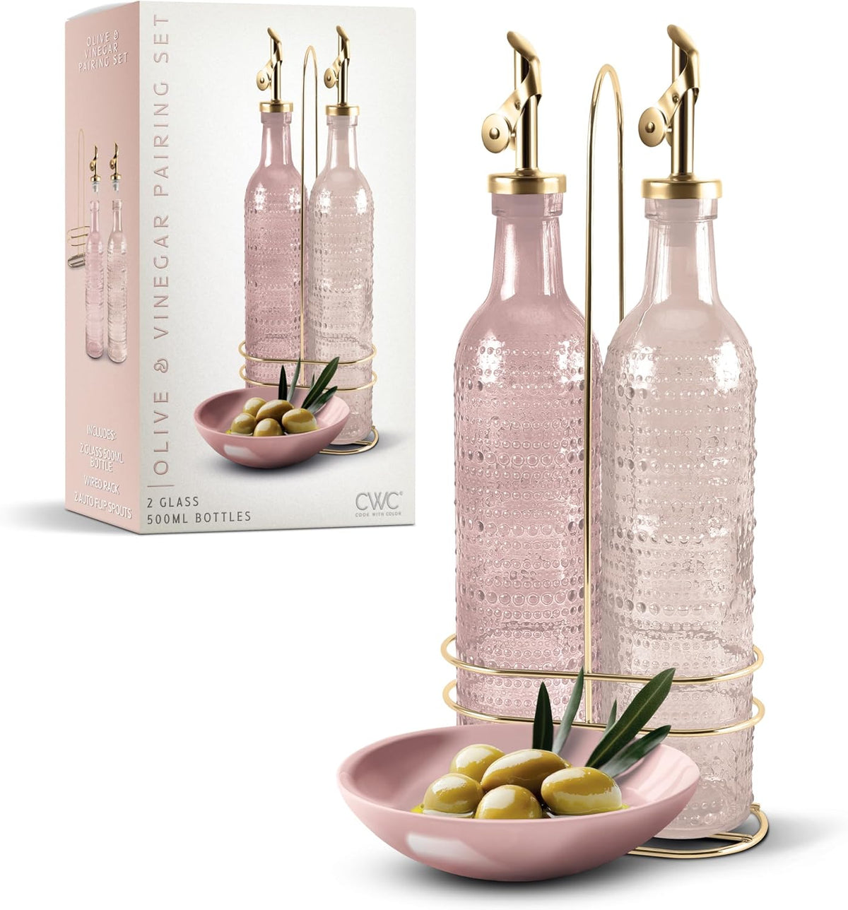 COOK WITH COLOR Glass Olive Oil Bottle Dispenser - 2 Pack- 17oz Oil and Vinegar Cruet - Olive Oil Carafe Decanter for Kitchen