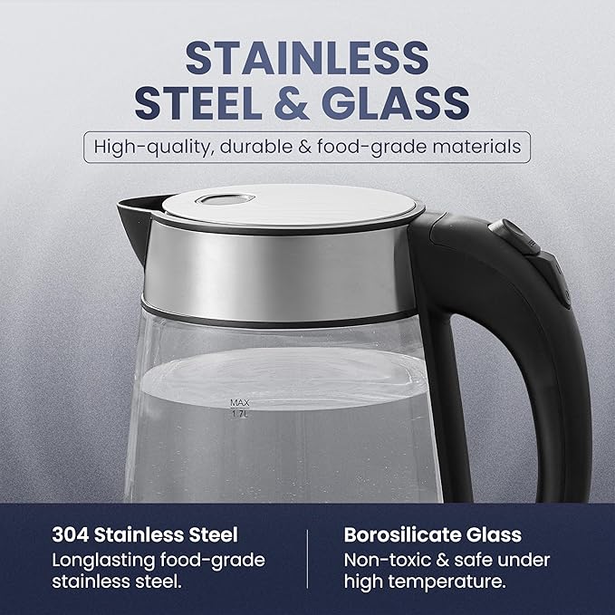 Elite Gourmet EKT-602 Electric BPA-Free Glass Kettle, Cordless 360° Base, Stylish Blue LED Interior, Handy Auto Shut-Off Function – Quickly Boil Water For Tea & More