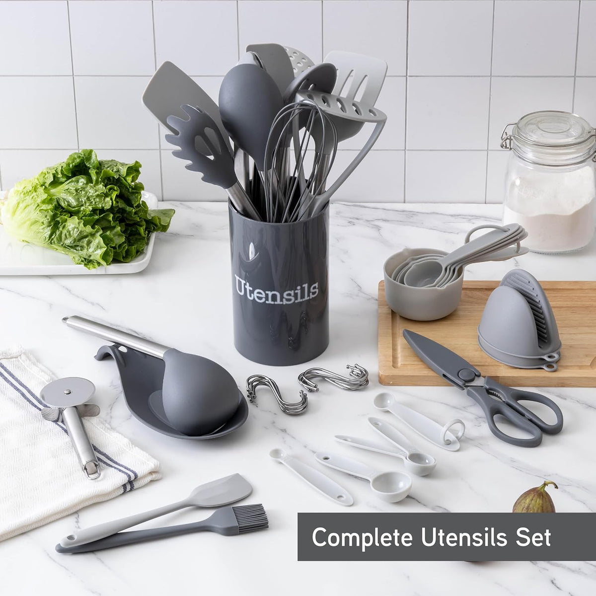 COOK WITH COLOR Silicone Cooking Utensils, Kitchen Utensil Set, Easy to Clean Silicone Kitchen Utensils, Cooking Utensils for Nonstick Cookware, Kitchen Gadgets Set, 38 Piece, Gray