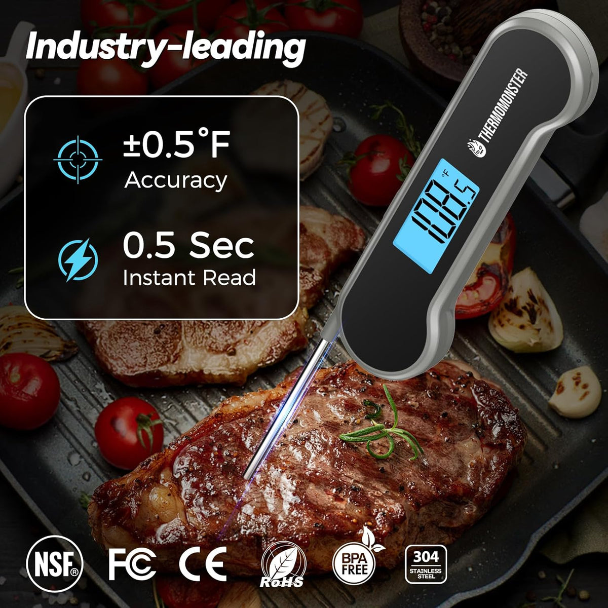 0.5 Sec Instant Read Meat Thermometer Digital with ±0.5℉ Precision, Food Thermometer for Cooking Kitchen Gadgets, Oven Grill Candy BBQ Essentials Accessories, Gifts for Him Dad Men Birthday, Grey