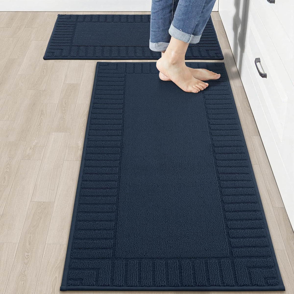 BEQHAUSE Kitchen-Rugs-Washable-Kitchen-Mats-for-Floor Non-Slip Kitchen Mats Set of 2 Absorbent Kitchen Runner Navy Blue with TPR Backing 20x30inch/20x48inch