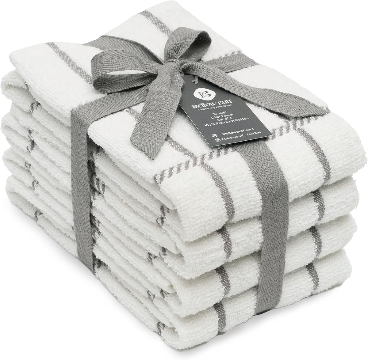 100% Cotton Terry Dish Towels, 4 Pack Checks, 16 x26 Inches, Super Soft and Absorbent Kitchen Towels, Perfect for Kitchen Cleaning and Dish Washing | Light Gray