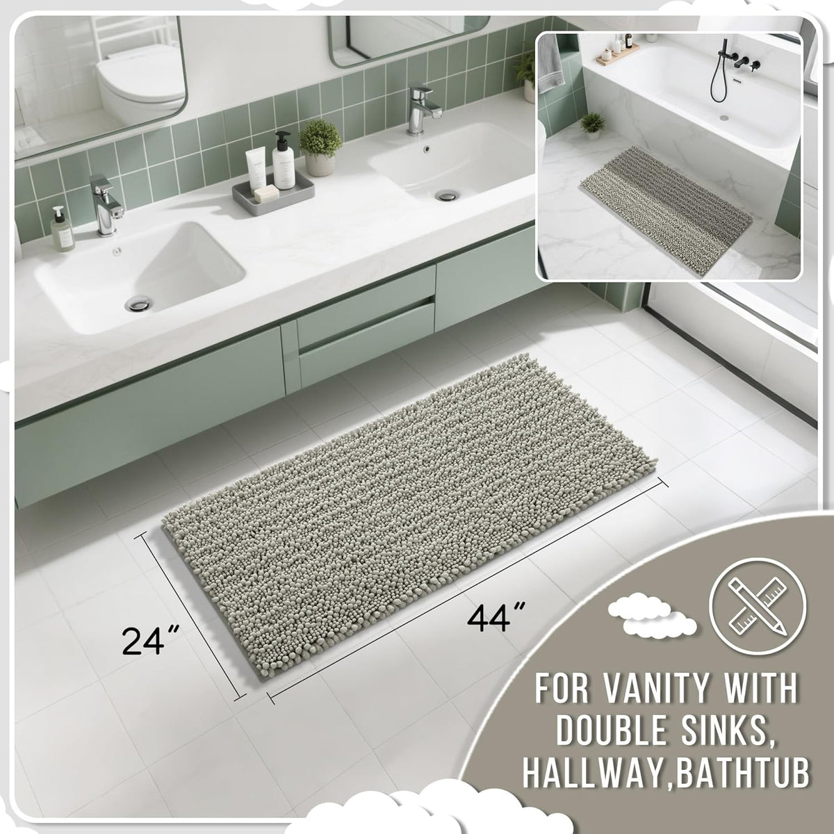 Yimobra Long Bathroom Rugs Non Slip Washable 44x24 Inch - Ultra Soft Absorbent Chenille Bath Mat, Quick Dry Shaggy Floor Carpet for Tub Shower, Sand Home Decor Accessories