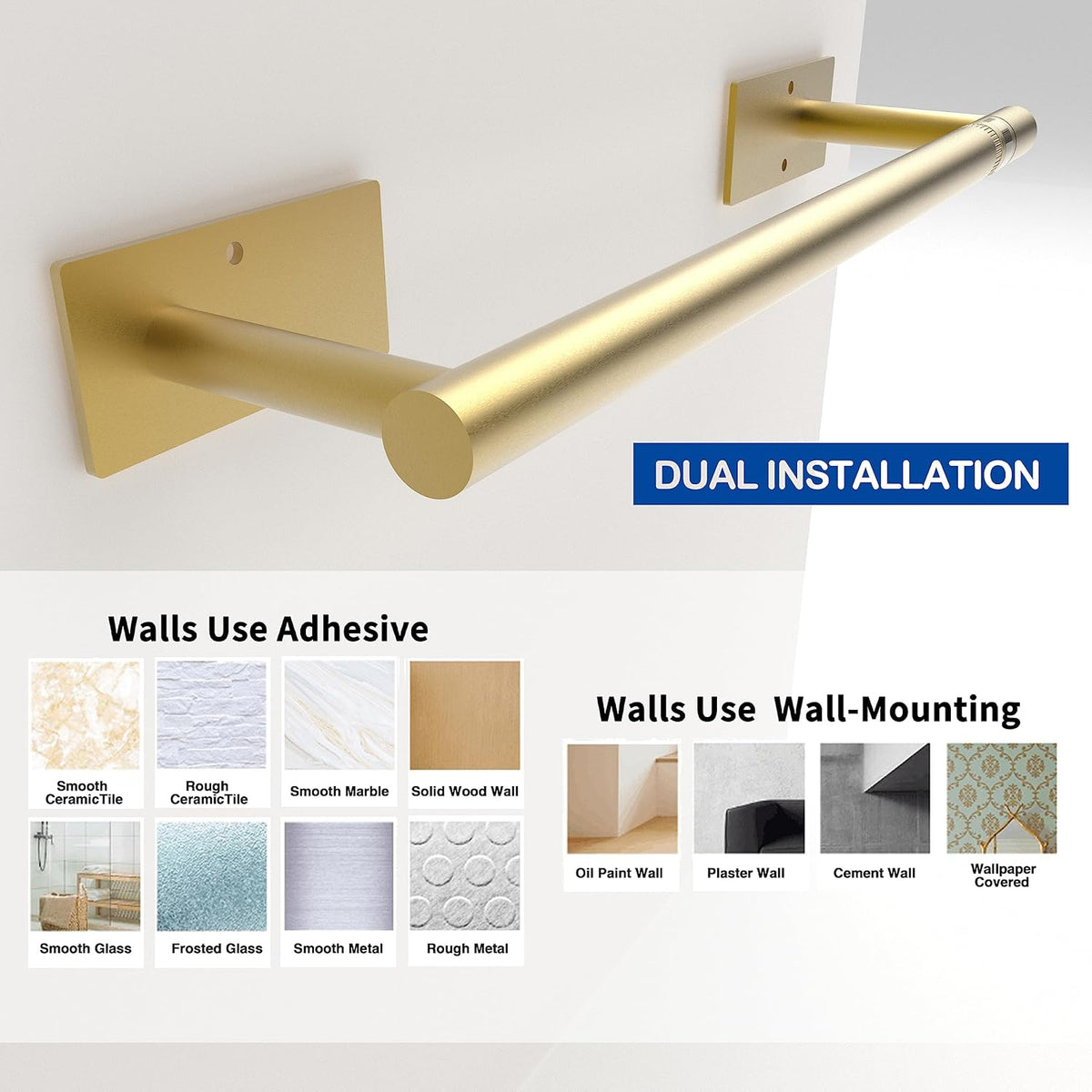 Ruacq Brushed Gold Paper Towel Holder Double Post Pivoting Square Base Under Cabinet Paper Towel Holder for Kitchen Self-Adhesive or Drill mounting