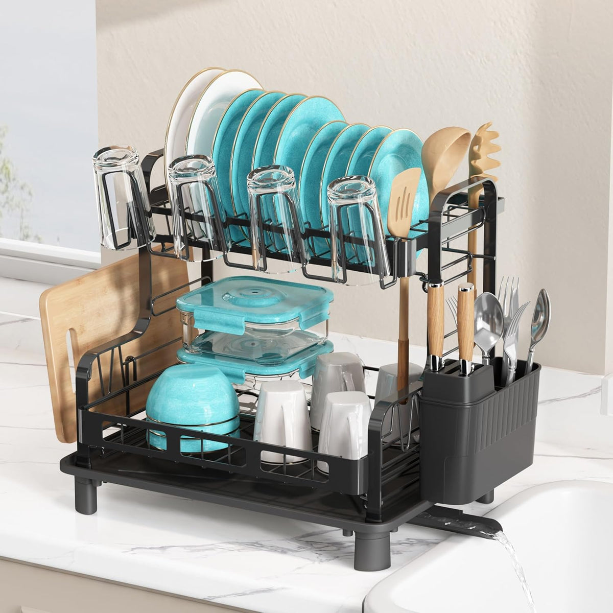 BOOSINY Dish Drying Rack, 2 Tier Large Stainless Steel Black Dish Rack for Kitchen Counter, Drying Rack with Cups Holder, Utensil Holder and Drainboard Set, Dish Strainer Shelf for Kitchen