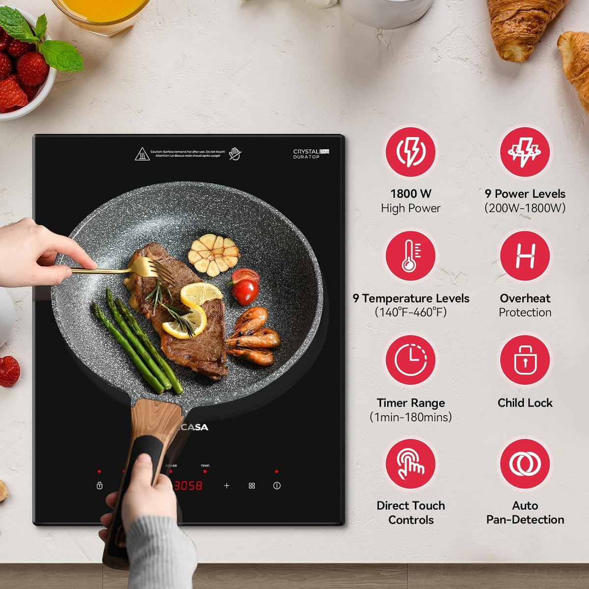 Built-in Induction Cooktop, TECASA 1800W Induction Hob Sensor Touch with 9 Power Levels, 120V Plug-in Single Stove Top Burner with Kids Lock & Timer for Apartment