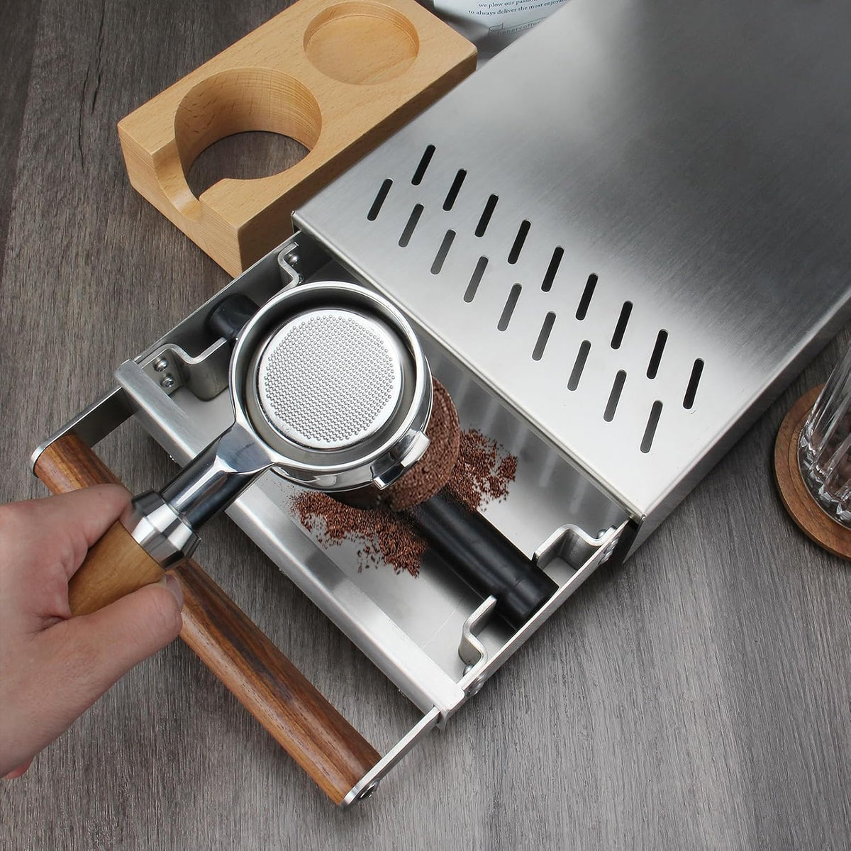 DIBTSA Espresso Knock Box Drawer, Coffee Knock Box with Shock-absorbing Removable Knock Bar and Non-Slip Base, 304 Stainless Steel, Espresso Accessories, 12.4 x 8.14 x 2.55 inch (Silver)