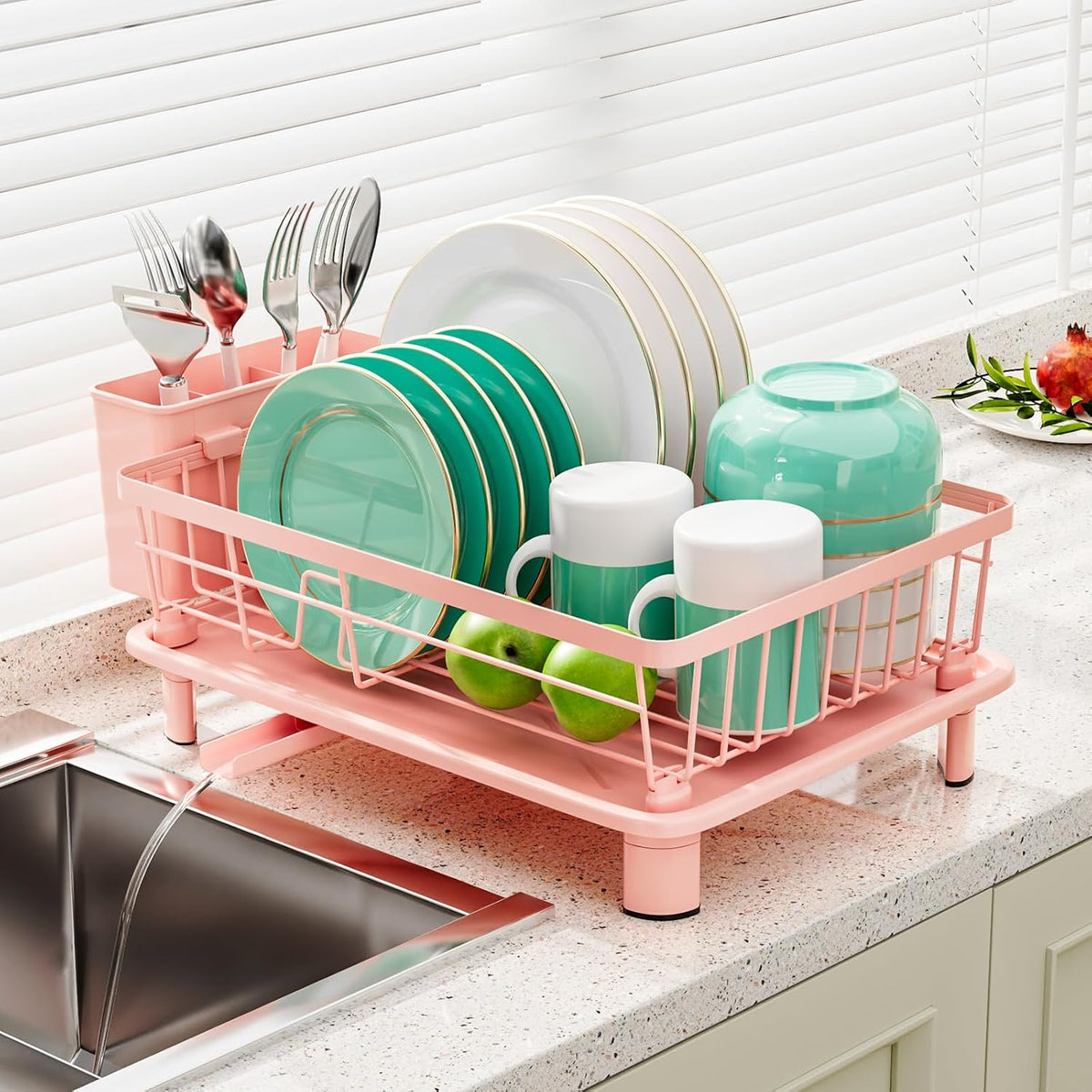 Dish Drying Rack, Space-Saving Dish Rack, Dish Racks for Kitchen Counter, Kitchen Dish Drainers with Removable Utensil Holder,Plate Rack and Drainboard, 11''W x 15''L, Pink