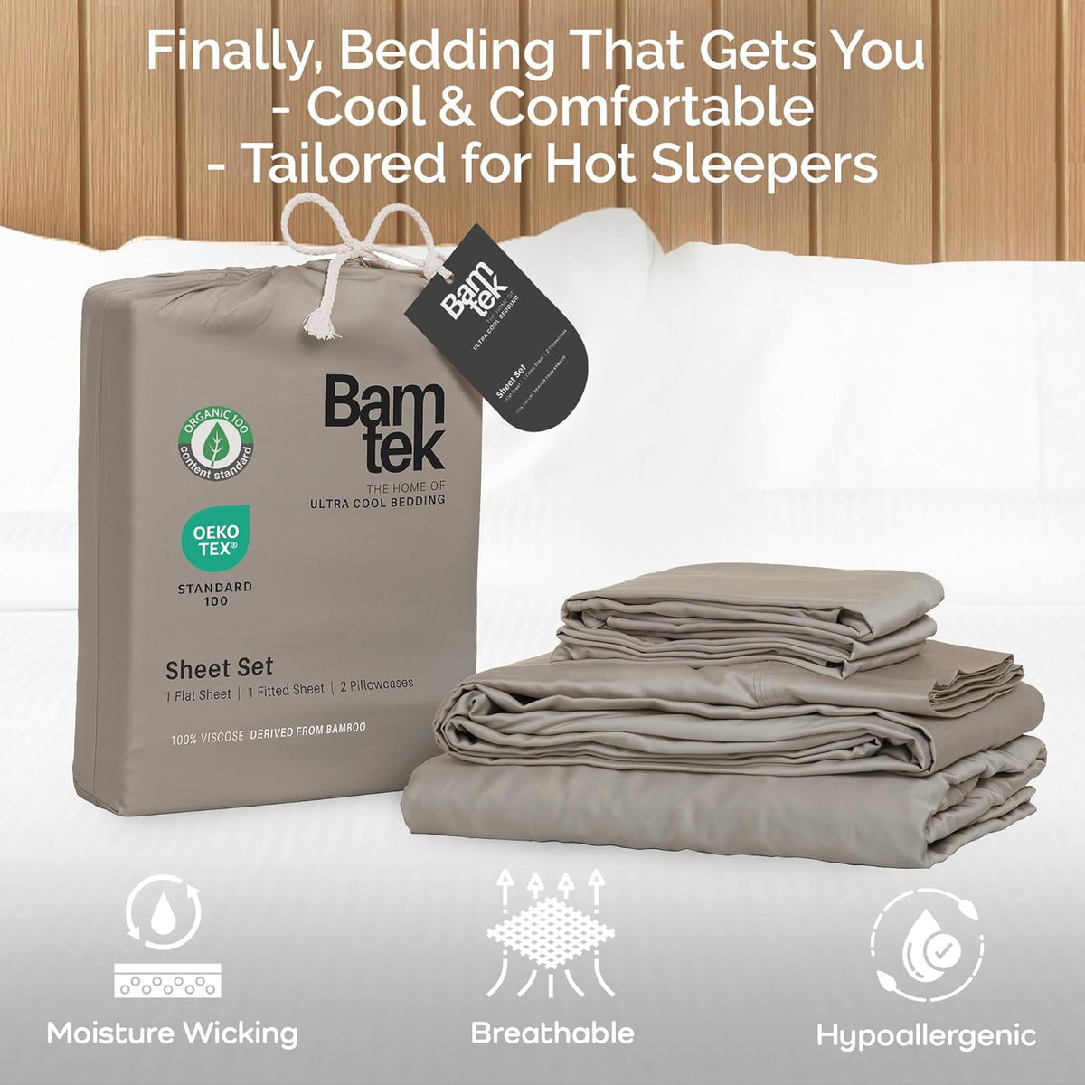 100% Viscose from Bamboo Sheets King Size, Super Soft Bedding Set, 4PC Cooling Sheets for Hot Sleepers, Vegan Silk Moisture Wicking, Organically Grown Bedsheet, Sand -76" x 80"