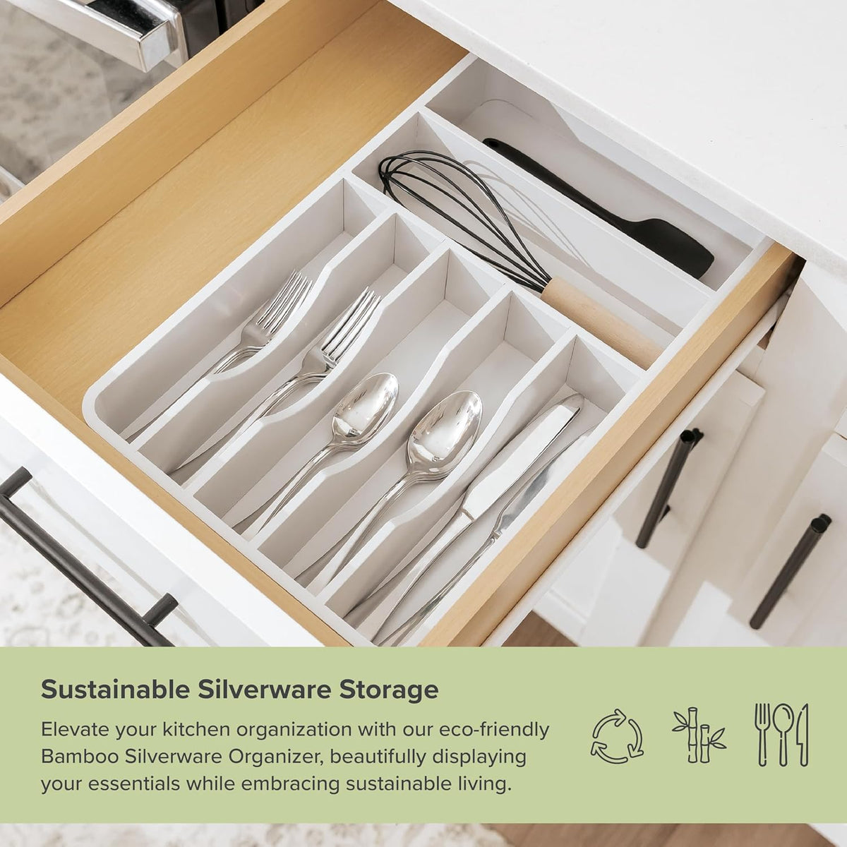 KitchenEdge Silverware Organizer - Cutlery, Flatware, and Utensil Holder for Kitchen Drawers, Fixed 10.5” Width, 7 Storage Compartments, Non-Slip Feet, Rounded Corners, 100% Bamboo, White Finish