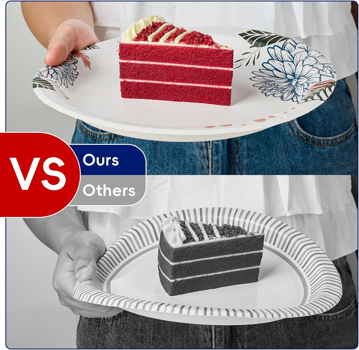 JOLLY CHEF 𝟭𝟰𝟬 𝗖𝗼𝘂𝗻𝘁 𝗣𝗮𝗽𝗲𝗿 𝗣𝗹𝗮𝘁𝗲𝘀 𝟭𝟬 𝗶𝗻𝗰𝗵 Soak Proof, Cut Proof, Heavy Duty Flower Printed Disposable Paper Plates for Everyday Use