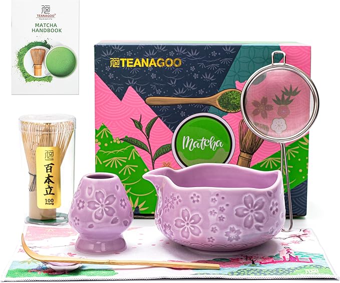 TEANAGOO 7-PCS Purple Matcha Whisk Set with Cherry Blossom Design, Complete Ceremony Kit, Ceramic Chawan Bowl with Spout, Whisk & Accessories, Traditional Matcha Tea Set for Lattes& Gift Giving