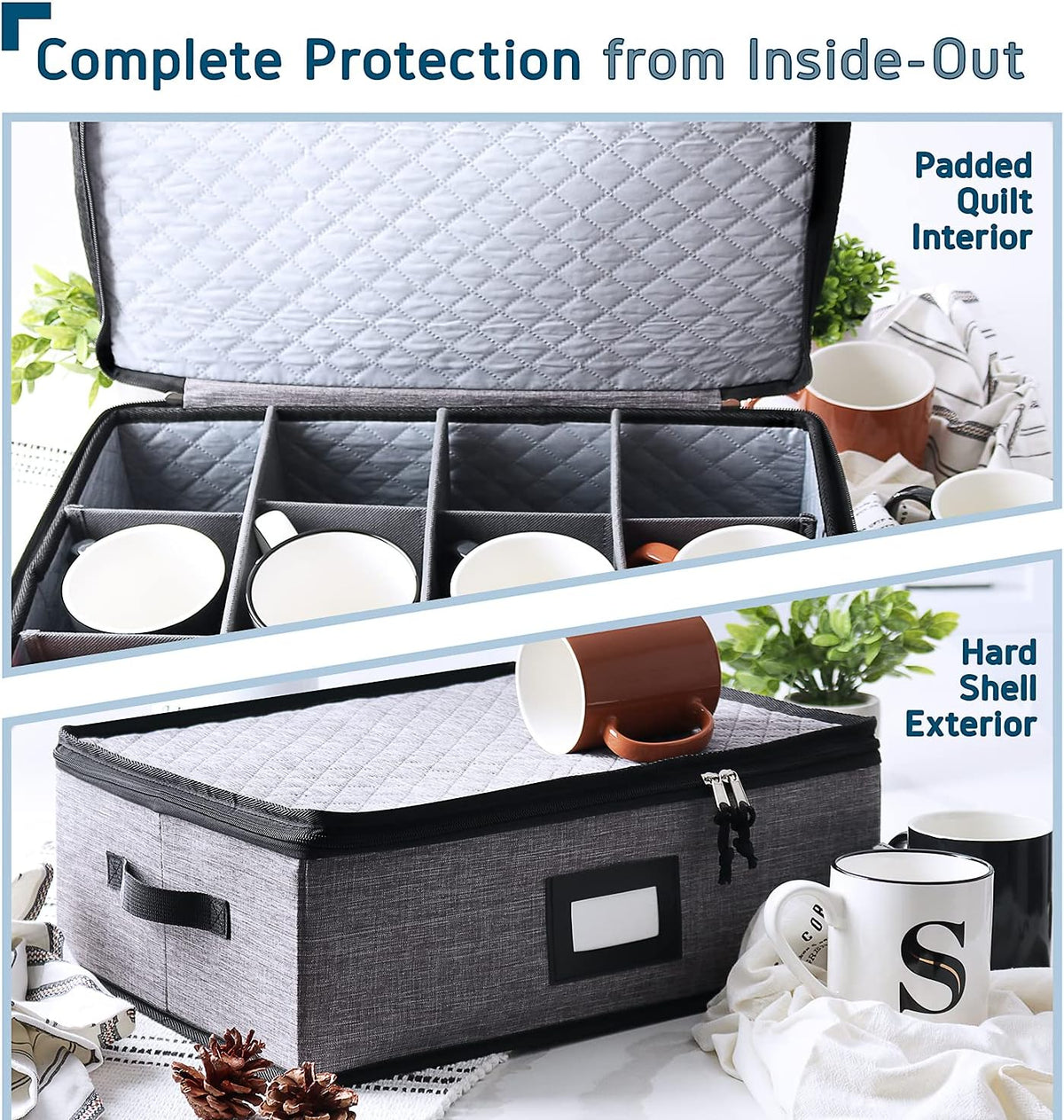 Coffee Mug Storage, 2 Pack Quilted and Stackable Coffee Cup Storage Organizer for Service of 24, Mug Storage Box with Dividers, China Containers Hard Shell for Moving and Organization, Grey