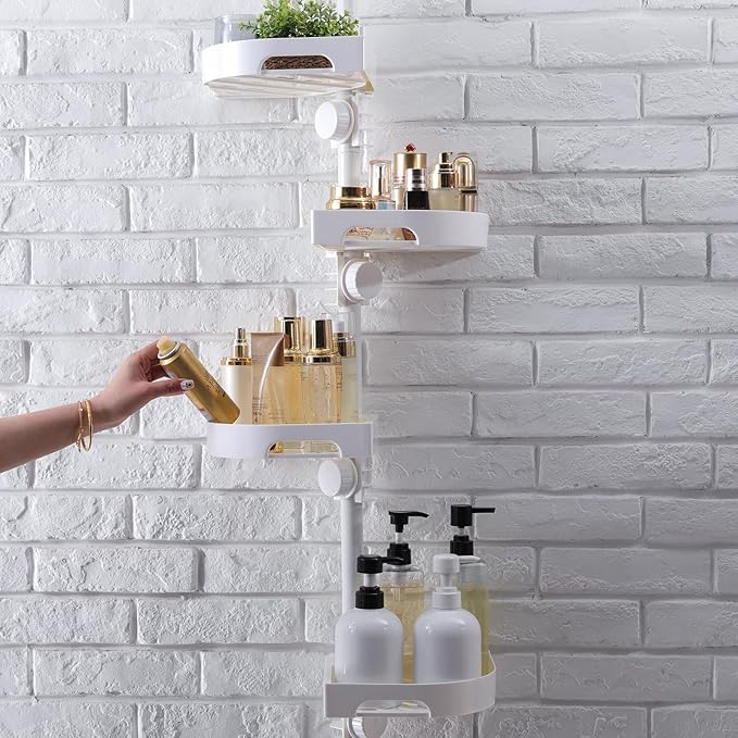 shuang qing 4-Tier Corner Shower Caddy Tension Pole Organizer - Adjustable Rustproof Metal Tension Pole, Plastic Shelves with Safety Guardrail, Bathroom Storage for Shower & Bathtub(White)