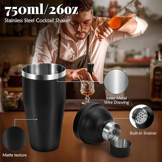 Bartender Kit,Cocktail Shaker Set 13-Piece Bar Tool Set with Acrylic Rotatable Stand for The Home,Bar（Frosted Black）