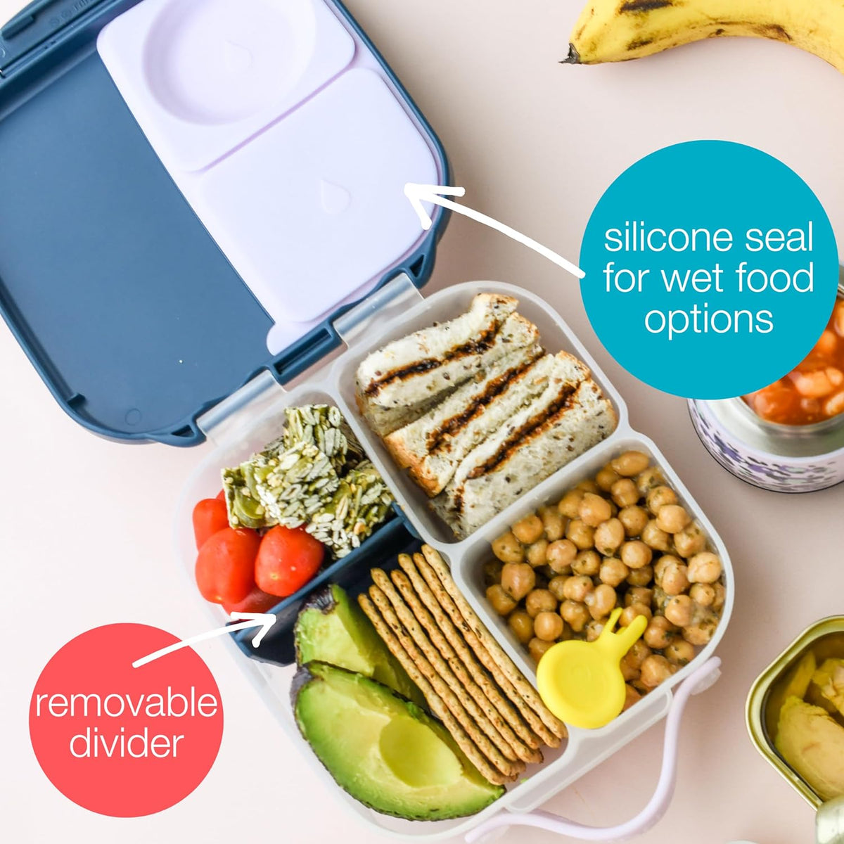 b.box Mini Lunch Box (2-pack), Bento Box for Kids Snack Container with 2 Leak-Proof Compartments, Reusable Snack Containers with Lids, BPA Free Kids Lunch Box, 4 1/4 Cup (Lilac Pop+Strawberry Shake)