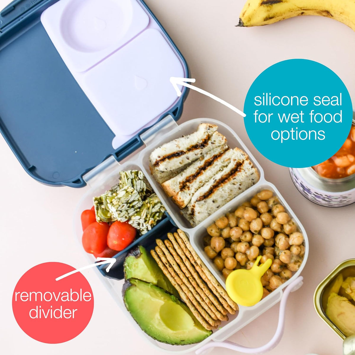 b.box Mini Lunch Box (2-pack), Bento Box for Kids Snack Container with 2 Leak-Proof Compartments, Reusable Snack Containers with Lids, BPA Free Kids Lunch Box, 4 1/4 Cup (Emerald Forest+Ocean Breeze)