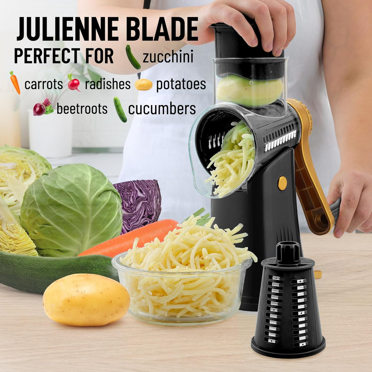 Zulay Kitchen Rotary Cheese Grater 5 Blade Cheese Shredder - Manual Hand Crank Cheese Grater With Reinforced Suction & 5 Interchangeable Drums - Easy to Use, Vegetable Chopper Round Mandoline Slicer