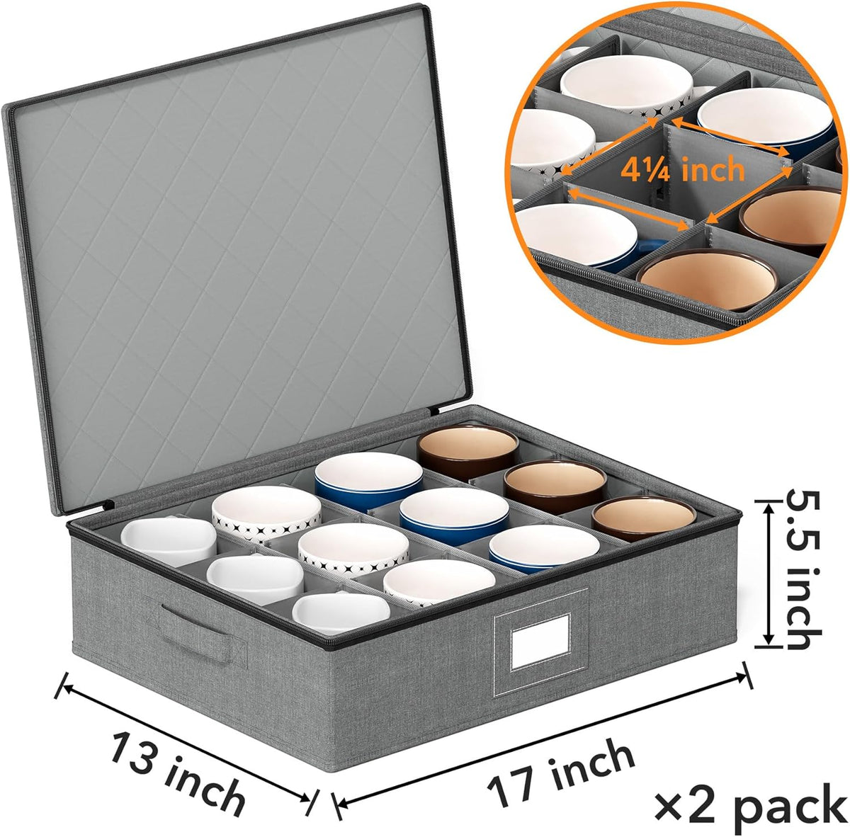 SpaceAid Cup and Mug Storage Organizer 2 Pack, China Storage Containers, Hard Shell Quilted Cases with Soft Plate Separators, Moving Supplies Packing Boxes for 24 Tea Cups or Coffee Mugs (Grey)