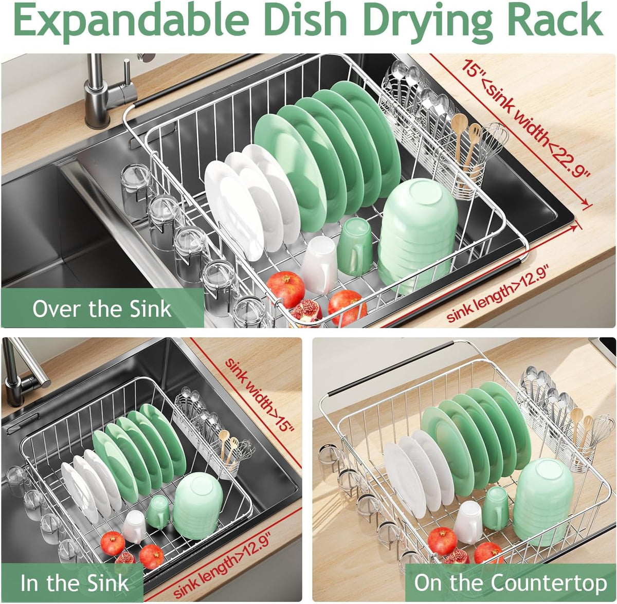 Dish Drying Rack in Sink, Extendable Stainless Steel Dish Drainers for Kitchen Counter, Anti-Rust Dish Dryer Rack with Utensil & Cup Holders, for Inside Sink, Over The Sink