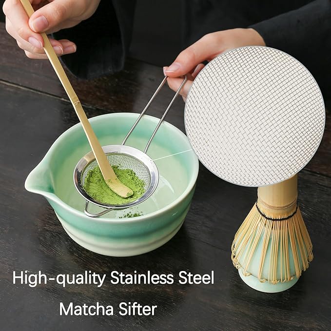 Japanese Matcha Set, Matcha Bowl with Spout, Matcha Whisk and Holder, Bamboo Matcha Scoop and Stainless Steel Sifter - 5 Pcs Gradient Green Matcha Kit for Matcha Lover