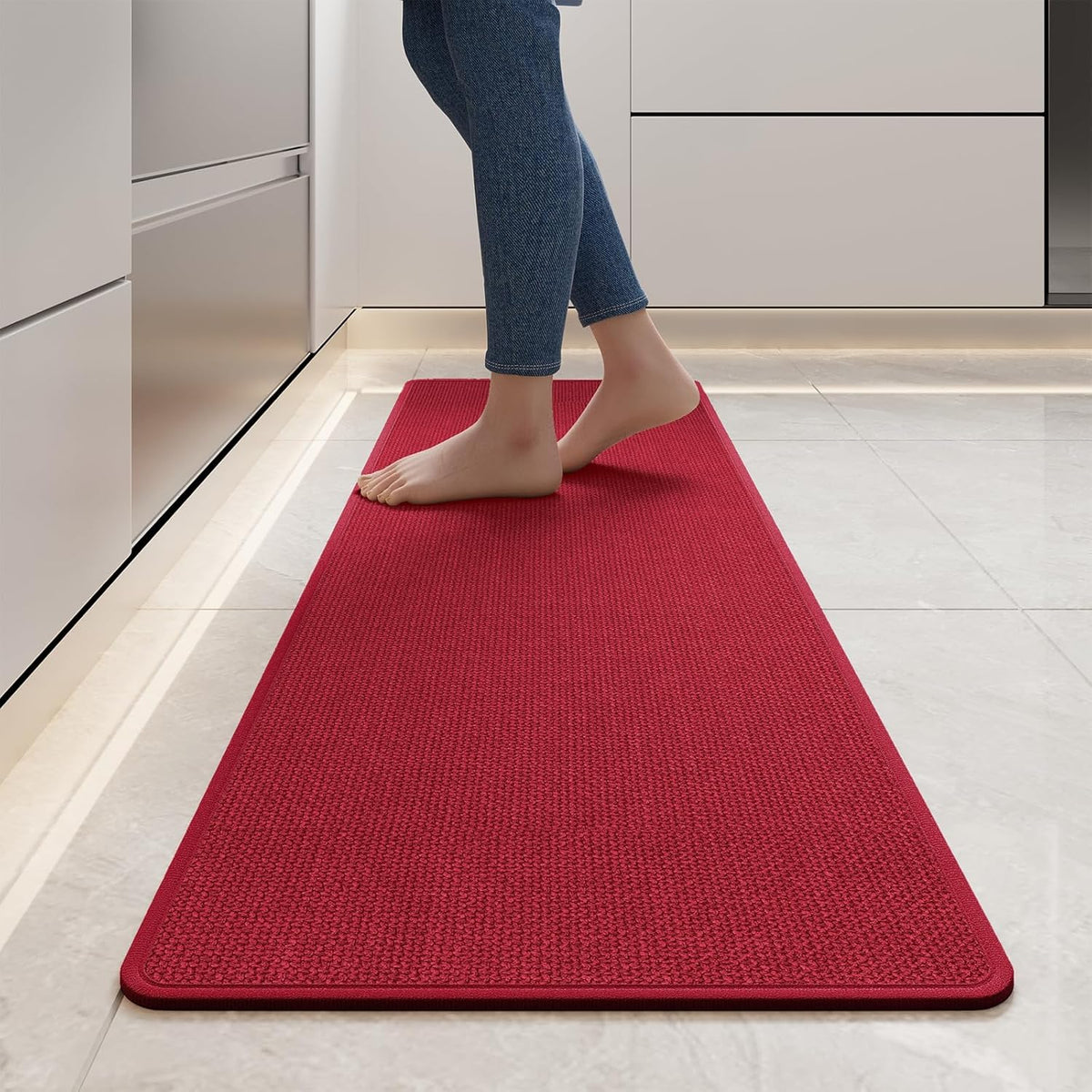 Kitchen Mats for Floor, Super Absorbent Kitchen Rugs Non Slip Washable, Soft Imitation Linen Braided Kitchen Runner Rug, Standing Mat Kitchens Sink Mat, Easy to Clean, Red 17x59
