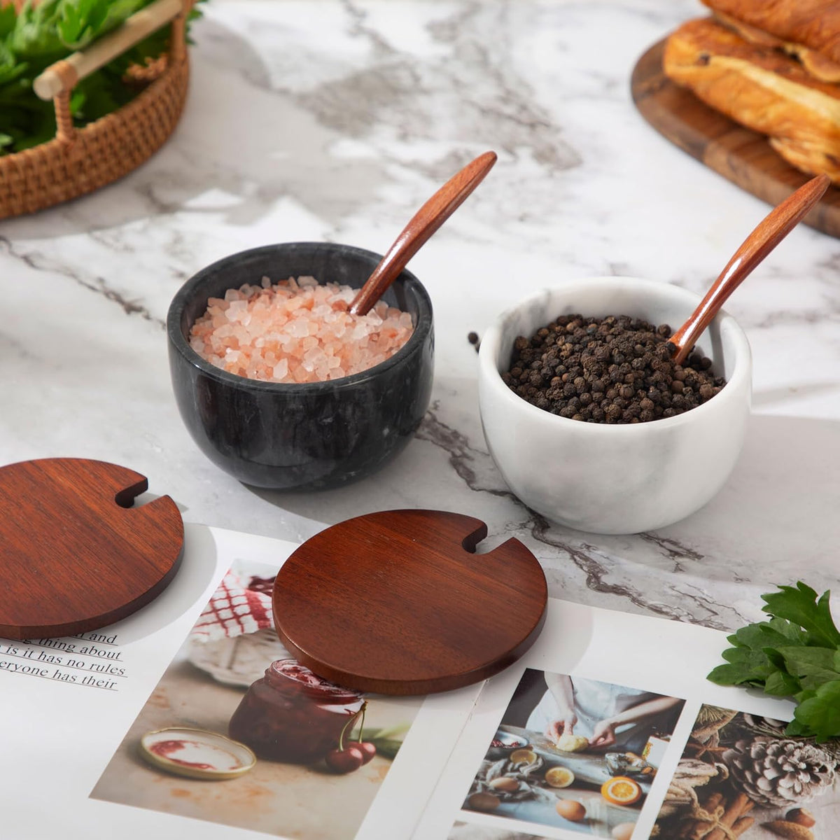 Marble Salt Cellar with Lid & Spoon, 11oz Salt and Pepper bowls, Handcrafted from Natural Marble, Smooth Inside ((white+black) bowl)