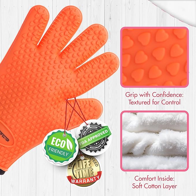 KITCHEN PERFECTION Silicone Smoker Oven Gloves For Women -Extreme Heat Resistant BBQ Gloves -Handle Hot Food Right on Your Smoker Grill Fryer|Waterproof Oven Mitts Grill Gloves |Superior Set+3 Bonuses