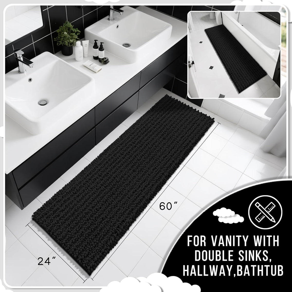 Yimobra Bathroom Runner Rug 60x24 Inch - Extra Long Non Slip Chenille Bath Mat, Soft & Absorbent, Machine Washable Shaggy Hallway Carpet for Vanity Tub Shower, Black Home Decor Accessories