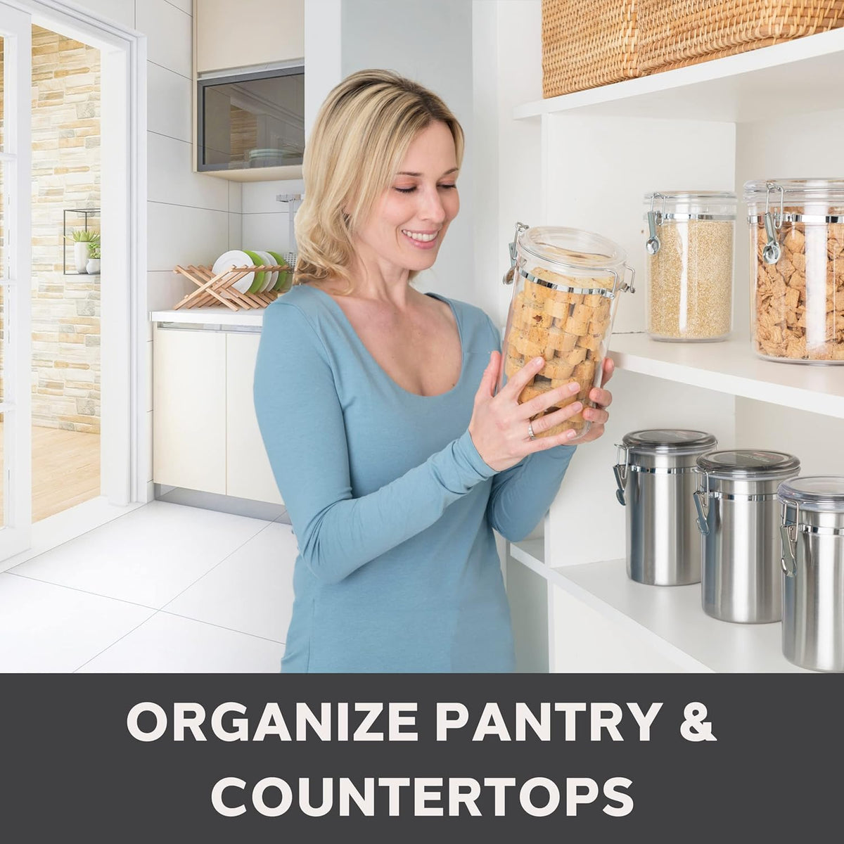 Oggi 4pc Clear Canister Set with Clamp Lids & Spoons - Airtight Food Storage Containers, Ideal for Kitchen & Pantry Storage of Bulk, Dry Food Including Flour, Sugar, Coffee, Rice, Tea, Spices & Herbs