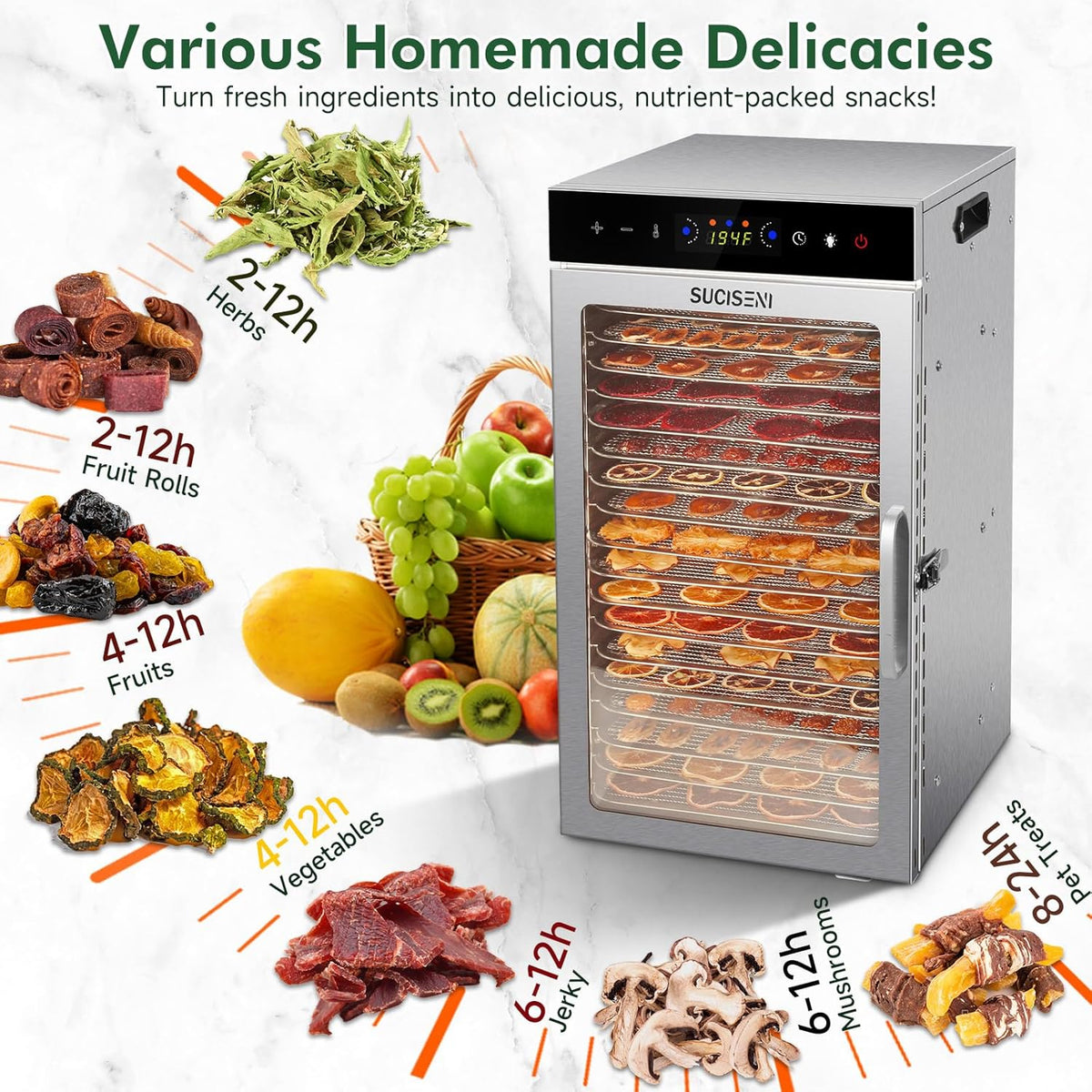 SUCISENI Food Dehydrator Machine 1000W 18 Trays Stainless Steel Commercial Food Dehydrated Dryer with 24H Timer Touch-Control LED Display, Compact Size for Home Jerky Herbs Meat Beef Fruit Vegetables