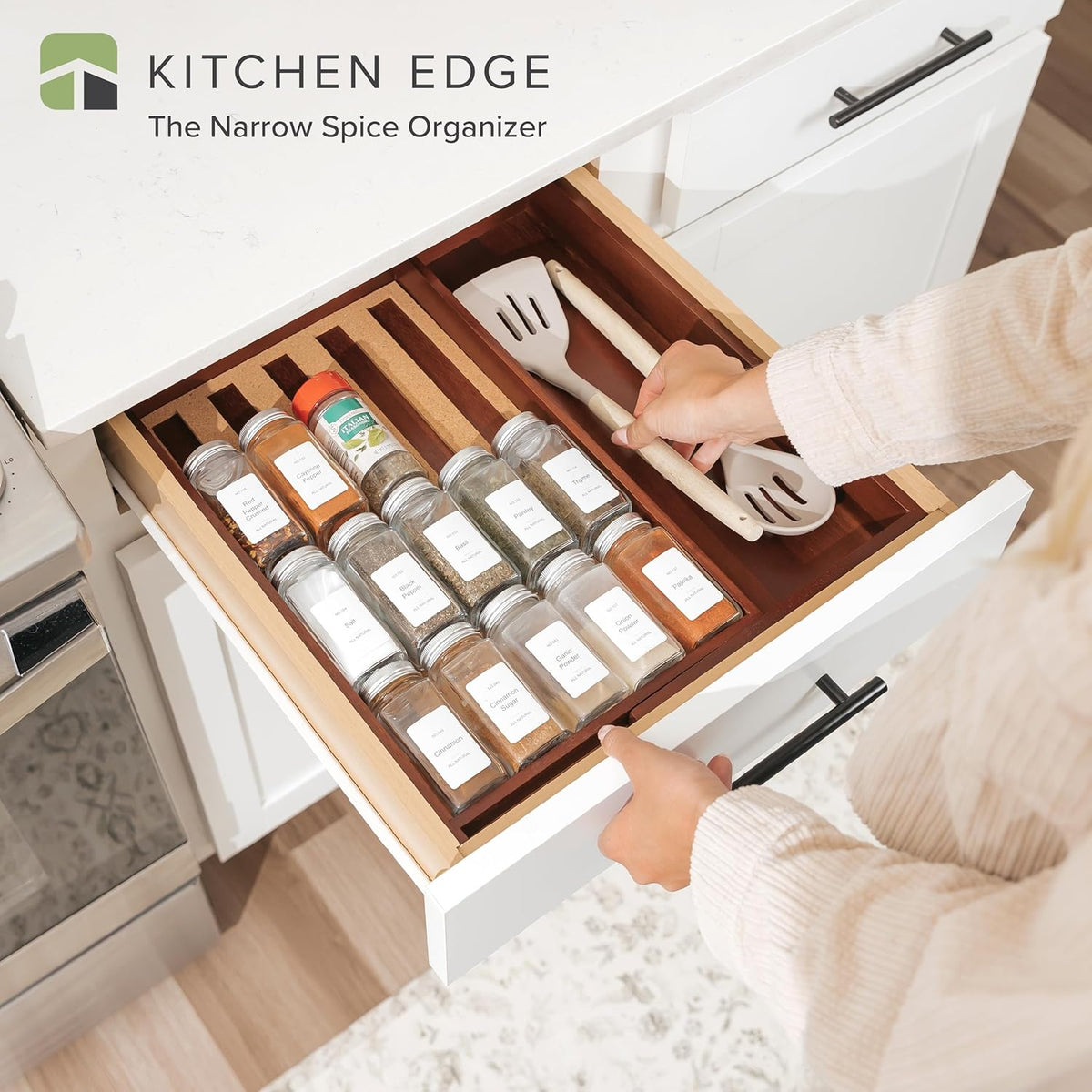 KitchenEdge Spice Drawer Organizer with Expandable Storage. Holds up to 15 Spice Jars (Not Included), Non-Slip Feet, Kitchen Accessory Storage, 100% Sustainable Bamboo Wood (Natural Acacia)