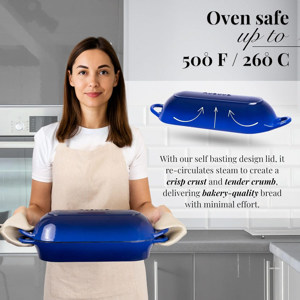 Enamelled Cast Iron Bread Loaf Pot – Dutch Oven For Sourdough Bread Baking – Oven Safe Non Stick Bread Pot – Rectangular, Dark Blue, 34cm x 16cm – by Nuovva