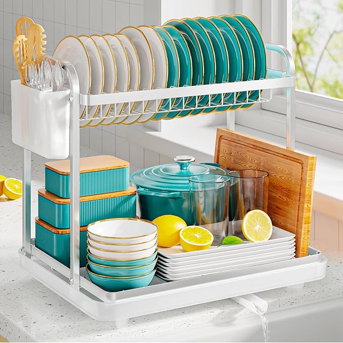 Sakugi 2-Tier Dish Drying Rack - Stainless Steel Dish Rack with Cutlery & Utensil Holders for Kitchen Counter, Sink Organization and Storage for Small Family, 15" W x 11.4" L x 15" H, Silver