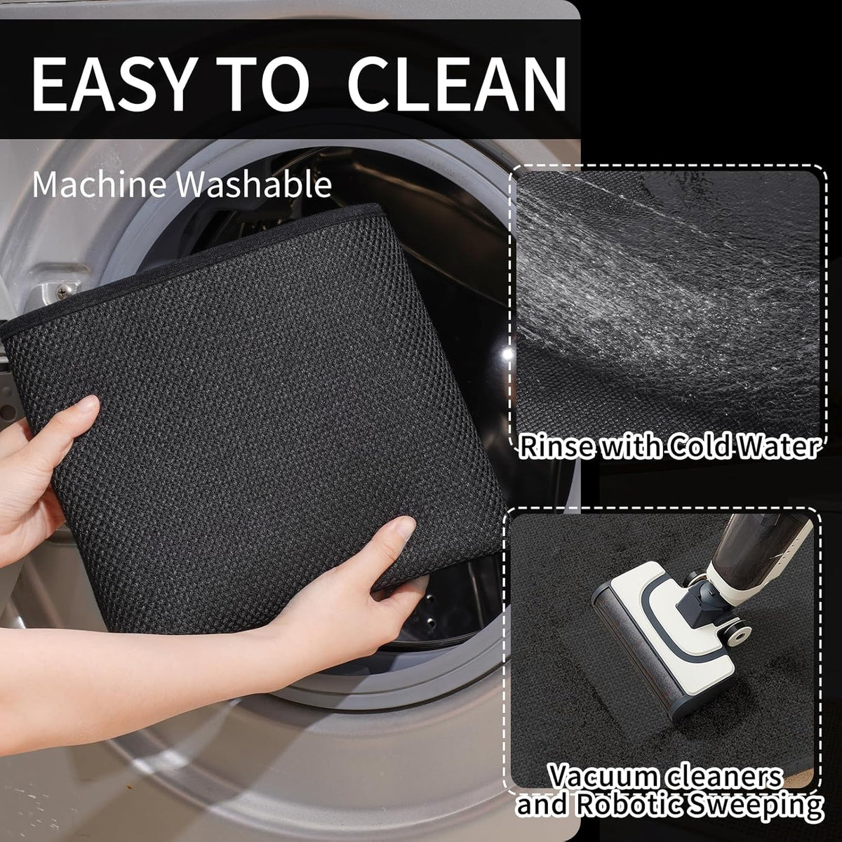 Kitchen Mats for Floor, Super Absorbent Kitchen Rugs Non Slip Washable, Soft Imitation Linen Braided Kitchen Runner Rug, Standing Mat Kitchens Sink Mat, Easy to Clean, Black 17x71