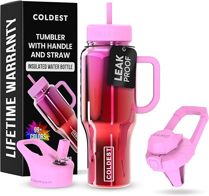 Coldest Tumbler with Handle and Straw - 100% Spill Proof Tumbler with Straw (3 Lids) - Stainless Steel Insulated Leakproof Tumblers for Women & Men - Cup Holder Friendly - 36 oz (Tulip Nova)