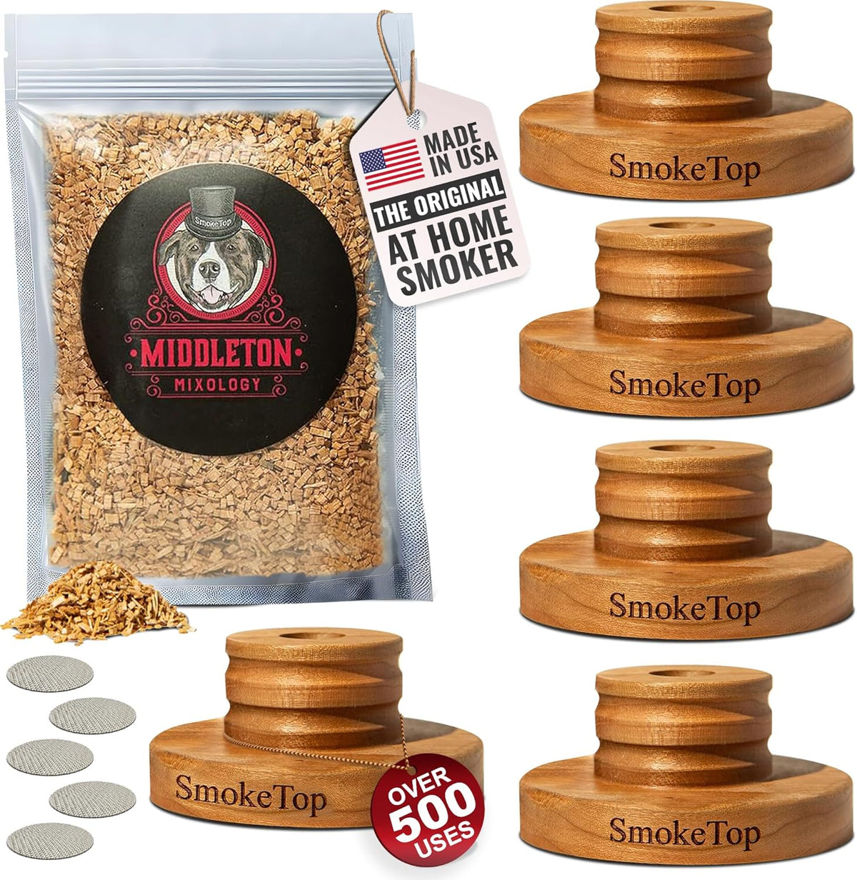 SmokeTop Cocktail Smoker Kit 5 Pack - Old Fashioned Chimney Drink Smoker for Cocktails, Whiskey, & Bourbon With Sample Wood Chips - by Middleton Mixology