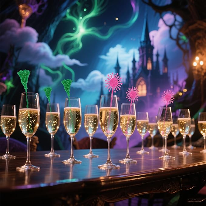20 Pack Pink and Green Party Decrations, Princess and Witch Party Accessories, Green Witch Broomstick and Glitter Pink Princess Wand Cocktail Stir Sticks for Themed Parties (Drink Stirrers)