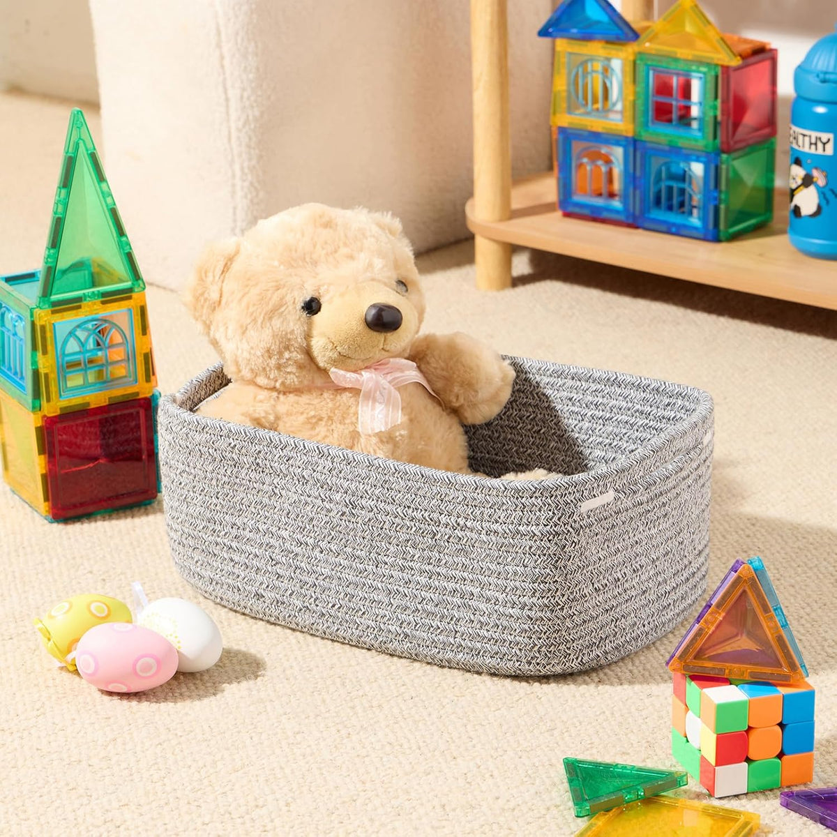 Small Storage Baskets for Organizing | Closet Organizer Bins | Shelf Toy Basket | Woven Rope Baskets | Cube Decorative Box | Shallow Basket | 13x8.5x5.1” | 4 Packs Mixed Grey