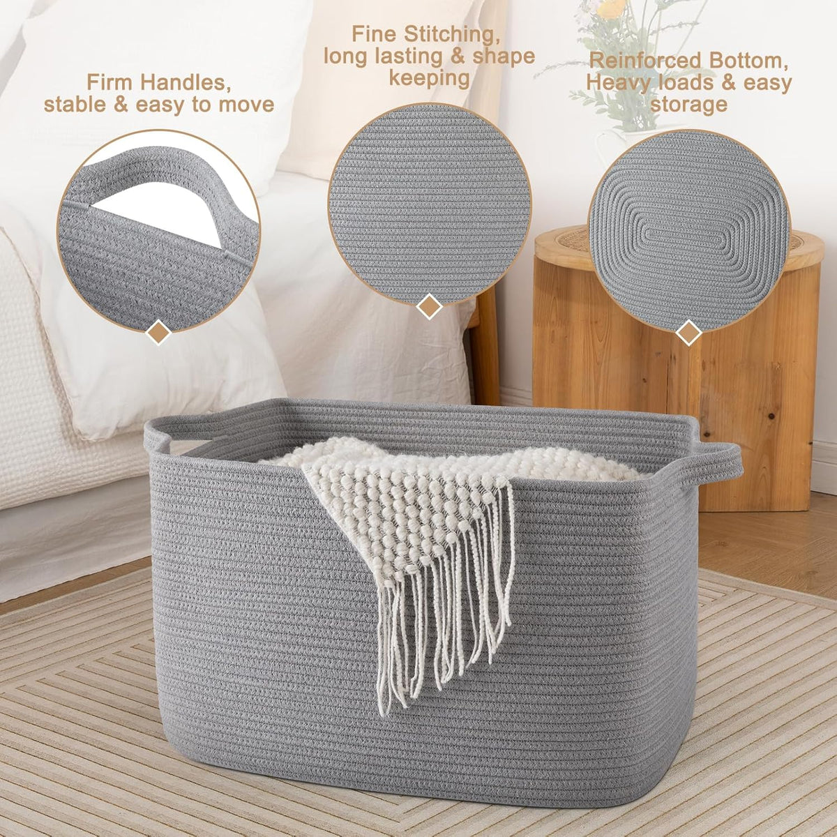65L Large Storage Basket, Cotton Rope Woven Blanket Basket, Toy Storage for Baby Room, Living Room, Light Grey