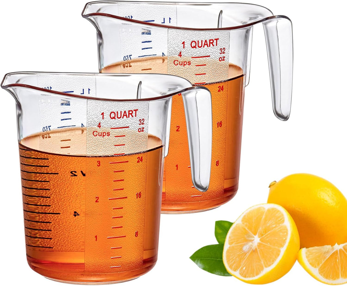Amazing Abby - Melissa - 32-Ounce Plastic Measuring Pitcher (2-Pack), 4-Cup (1-Quart) Food-Grade Measuring Jug, Unbreakable, Stackable, Dishwasher-Safe, Great for Oil, Vinegar, Flour, and More